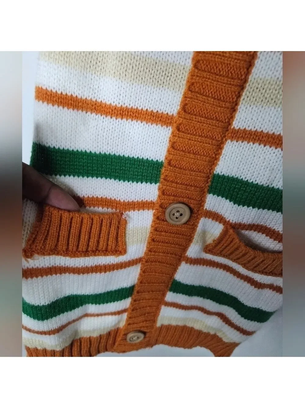 BARKER & JANE Sweater Orange Cream Brown Green Stripe Acrylic Size Medium